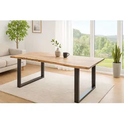 SAM® Baumkantentisch Caracas, massives Akazienholz, Baumkante, Metallgestell U-Form schwarz beige 140 cm x 77 cm x 80 cm