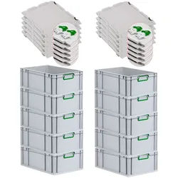PROREGAL 10x Eurobox NextGen Color mit Scharnierdeckel & Verschlüssen | HxBxT 22x40x60cm | 44 Liter | Griffe grün geschlossen | Verstärkter Boden