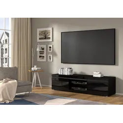 Raumhirsch Furniture Lowboard TV Schrank, RTV Möbel, Wohnmöbel (Maße: 180 x 40 x 43–46 (H) cm, 2 Fächer), Glasboden, Kabeldurchführung, Hängend oder stehend schwarz
