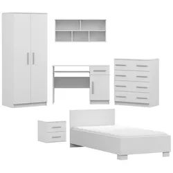 Deine Möbel 24 Jugendzimmer-Set OLMO C Kinderzimmer-Set Kindermöbel Komplettmöbel, (Set, 6-tlg., in Weiß / Weiß-Grau / Weiß-Eiche Sonoma), Bett, Kleiderschrank, Schreibtisch, Kommode, Nachttisch & Wandregal weiß