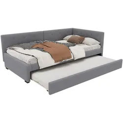 Okwish Rahmenbett Polsterbett 90x200cm mit ausziehbarem Kopfteil und Lattenrost , Grau , Textil , 90x200 cm , Schlafzimmer, Betten, Polsterbetten