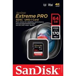 Sandisk SDXC-Card 64GB, Extreme PRO, U3, UHS-I, 4K UHD (R) 170MB/s, (W) 90MB/s, Retail-Blister