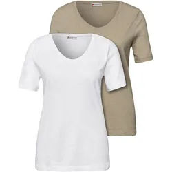 T-Shirt STREET ONE, Damen, Gr. 40, weiß, timeless beige, Web, 50% Baumwolle, 50% Modal, unifarben, normal normal, V-Ausschnitt, abgesteppt, Shirts T-Shirt, mit abgerundetem V-Ausschnitt
