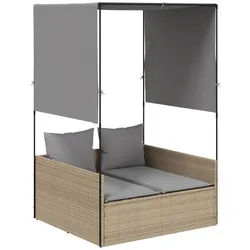 vidaXL Gartenliege Doppel-Sonnenliege mit Dach und Vorhängen Beige Poly Rattan, 1 St.