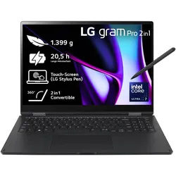 LG Convertible Notebook "Gram Pro 2in1 16" Laptop, OLED-Touchscreen, 16GB RAM, Windows 11 Home", schwarz, 16 GB RAM 1.000 GB SSD, Core Ultra 7, Windows11Home, Notebooks, Convertible Notebook