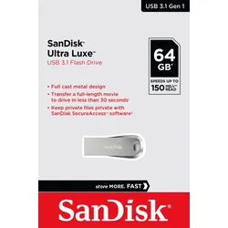 Sandisk USB 3.1 Stick 64GB, Ultra Luxe Typ-A, (R) 150MB/s, SecureAccess, Retail-Blister