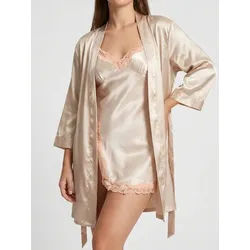 Elegant Love Morgenmantel Negligé-Set–Damen-Loungewear & Nachtwäsche-Set aus Satin, 3-tlg. Schlafkleid, V-Ausschnitt, rückenfrei, Lingerie für Damen, Gürtel, Langärmelige Robe mit Unterkleid, mit seitlich geschlitztes goldfarben L (40/42)