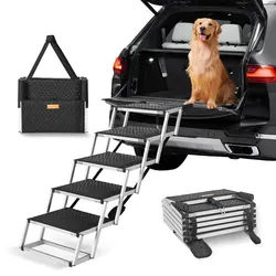 VEVOR Hundetreppe für Autos, breite 5-stufige Hundeautotreppe, zusammenklappbare Hundeautorampe mit rutschfester Oberfläche, tragbare Haustiertreppe aus leichtem Aluminium für Auto, SUV und LKW, trägt bis zu 68 kg