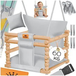 KIDIZ® Babyschaukel Kinderschaukel Schaukelsitz mit Polsterung Holz-Schaukel mit Anti-Kipp bis 60KG Höhenverstellbar Indoor & Outdoor 0,5 - 3 Jahre Montagezubehör & Sicherheitsgurt