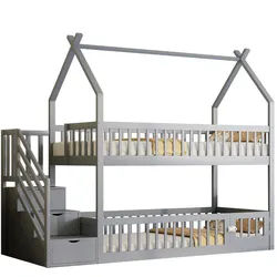 Okwish Etagenbett 90/200 cm Grau aus massivem Kiefernholz mit Dach und Sicherheitstreppe , Holz , 90x200 cm , Babymöbel & Kindermöbel, Kinderzimmer & Jugendzimmer, Stockbetten