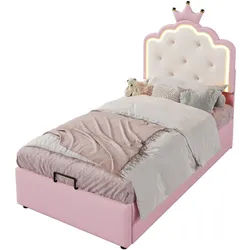Okwish Polsterbett 90/200 cm Pink mit Stauraum mit LED-Beleuchtung aus Pu , Rosa , Kunststoff , 90x200 cm , Babymöbel & Kindermöbel, Kinderzimmer & Jugendzimmer, Kinderbetten