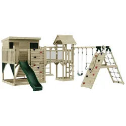 OutdoorToys Spielturm Malin, aus Holz in Dunkelgrün mit Trapezschaukel mit Rutsche, Kletterwand grün