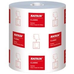 KATRIN System M 580 Papierhandtuchrolle, 2-lagig, 130 m, blau, Hygienische und extrem saugfähige Papierhandtuchrolle für mechanische Spender, 1 Karton = 6 Rollen à 580 Tücher