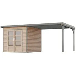 Karibu Metall-Holzgartenhaus Hybridhaus Pluto 3 A - 28 mm -244 x 244 cm + 300 cm Anbaudach - Holz-Ausführung: naturbelassen Blech-Ausführung: graualuminium