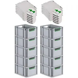 PROREGAL 10x Eurobox NextGen Color mit Scharnierdeckel & Verschlüssen | HxBxT 22x30x40cm | 20 Liter | Griffe grün offen | Glatter Boden