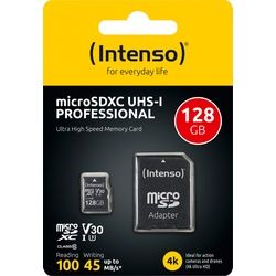 Intenso microSDXC Card 128GB, Professional, Class 10, U1 (R) 100MB/s, (W) 45MB/s, SD-Adapter, Retail-Blister