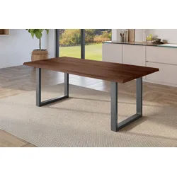 SAM® Esstisch Jonas, Holz Nussbaum-Optik, verschiedene Metallgestelle, Baumkante braun 220 cm x 77 cm x 100 cm