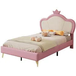 Okwish Polsterbett 90/200 cm Rosa-Weiß PU mit Krone und weichen Schutzkanten , Kunststoff , 90x200 cm , Babymöbel & Kindermöbel, Kinderzimmer & Jugendzimmer, Kinderbetten