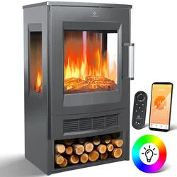 KESSER® Elektrokamin mit Heizung Panorama-Sichtfenster Heizlüfter 9 LED-Flammeneffekt Farbmodi Fernbedienung WiFi App 900/1800W Kaminfeuer elektrisch Elektro Kamin mit Thermostat Heizfunktion Timer