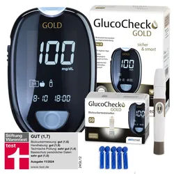 GlucoCheck Gold Set (mg/dl) zur Kontrolle des Blutzuckers mit 60 Teststreifen Gerät 1 St