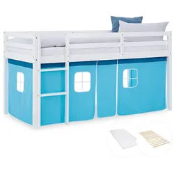 Homestyle4u Hochbett 90/200 cm in weiß mit Matratze + Lattenrost + Bettvorhang Blau , Pastellblau, Weiß , Textil , 90x200 cm , Babymöbel & Kindermöbel, Kinderzimmer & Jugendzimmer, Kinderbetten, Hochbetten