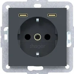 Hager WAS4055AT Schutzkontaktsteckdose mit USB Typ C 2-fach Power Delivery, 20W, A.x/C.x, anthrazit matt
