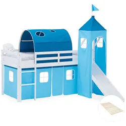 Homestyle4u Hochbett 90/200 cm in Weiß und Blau mit Rutsche+Lattenrost , Blau, Weiß , Textil , Kiefer , 90x200 cm , Babymöbel & Kindermöbel, Kinderzimmer & Jugendzimmer, Kinderbetten, Hochbetten