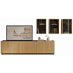 Walden Wohnwand , Eichefarben, Dunkelgrau , Holz, Glas, Naturmaterialien , Eiche , mehrschichtige Massivholzplatte (Tischlerplatte) , 3 Fächer , 3 Schubladen , 326.3x159.5x47.5 cm , individuell planbar, Beimöbel erhältlich, in verschiedenen Holzarten erhältlich , Wohnzimmer, Wohnwände, Komplette Wohnwände