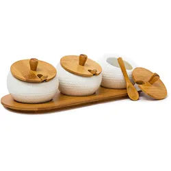 Relaxdays Gewürzhalter , Multicolor , Holz, Keramik , 12x8.5x30.5 cm , Küchenzubehör, Vorratsbehälter, Gewürzgläser