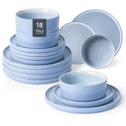 Geschirr-Set OTTO HOME "Ylvii, außen matt, innen reaktiv glasiert", reactive blau, 18 Stk., Steinzeug, Geschirr-Sets, Geschirr-Set, Riffeloptik, spülmaschinenfest und mikrowellengeeignet