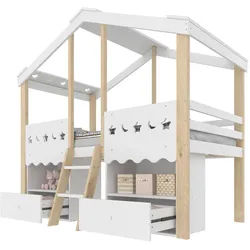 Okwish Hochbett 90/200 cm Hausform mit 2 Schubladen und LED-Beleuchtung in Weiß + Natur , Holz , 90x200 cm , Babymöbel & Kindermöbel, Kinderzimmer & Jugendzimmer, Kinderbetten, Hochbetten