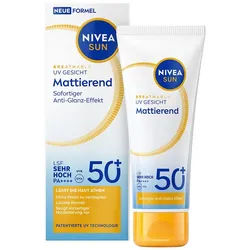 Nivea Sun Sonnenschutzpflege UV Gesicht Mattierend LSF 50+ 40ml 12h+ Anti-Glanz-Effekt atmungsaktiv, 1-tlg., leichte Textur und hinterlässt 0% fettiges Hautgefühl.