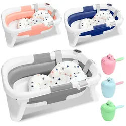 Clanmacy Babybadewanne Baby Badewanne Faltbare Babywanne mit kissen Ergonomische Kunststoff grau