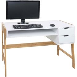 Schreibtisch HWC-K12, Bürotisch Computertisch Arbeitstisch, Schublade, Bambus 76x115x58cm ~ weiß