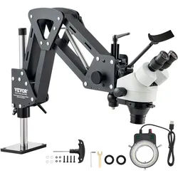 VEVOR Multidirektionales Mikroskop mit Federhalterung, Schmuckmikroskop mit 7- bis 45-facher Vergrößerung, Mikro-Schmuck-Intarsienständer mit integriertem USB-Ring-LED-Licht, Juweliermikroskop für Schmuckintarsien