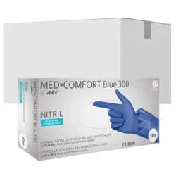 MED-COMFORT Blue 300 Nitrilhandschuhe, puderfrei, blau, Unsterile Einmalhandschuhe mit Fingerspitzentexturierung, 1 Karton = 10 Packungen à 100 Stück, Größe M