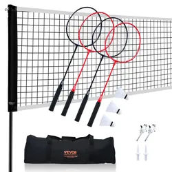 VEVOR Badmintonnetz-Set, Badmintonnetz für den Außenbereich im Hinterhof, Strandpark, Badmintonnetz für Erwachsene & Kinder mit Stangen, Tragetasche, 4 Eisenschlägern & 3 Nylon-Federbällen