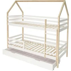 Odikalo Kinderbett Etagenbett, Hausform, große Schubladen, Kiefernholz, 90x200cm, weiß weiß