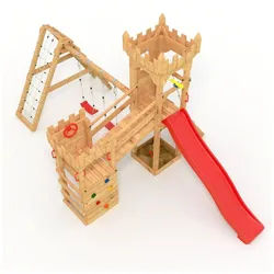 bibex Spielturm Ritterburg "XL150" LANGE Rutsche, 2x Türme, 2x Schaukel + Knotennetz rot