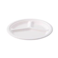 Greenbox Menüteller, Zuckerrohr, rund, 3-geteilt, Umweltfreundliche Zuckerrohrteller für kalte, warme und fetthaltige Speisen, 1 Karton = 10 Packungen à 50 Stück, Ø 26 cm