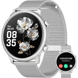 Hwagol Smartwatch (3,6 cm, android ios), Smartwatch Damen AMOLED Display Telefonfunktion IP68 Zyklustracking silberfarben