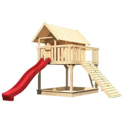 Akubi Stelzenhaus Fidel mit Satteldach inkl. Wellenrutsche und Holzrampe naturbelassen rot