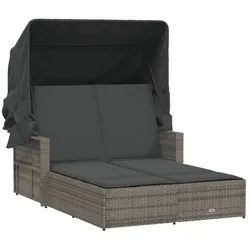 vidaXL Gartenliege, Doppel-Sonnenliege mit Dach und Auflagen Grau Poly Rattan
