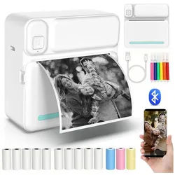 MOPUEA Thermodrucker Kompatibel für iOS Android Etikettendrucker Bluetooth Etikettendrucker, (5 Druckpapier, 5 selbstklebendes Thermopapier, 3 Farbdruckpapier) blau