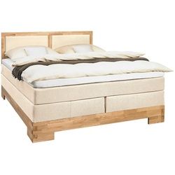 Linea Natura Boxspringbett , Eichefarben, Beige , Textil , Wildeiche , massiv , H3 , 140x200 cm , Partnermatratze mit durchgehendem Bezug , Schlafzimmer, Betten, Boxspringbetten