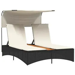 vidaXL Gartenliege Doppel-Sonnenliege mit Dach und Auflagen Schwarz Poly Rattan, 1 St. schwarz
