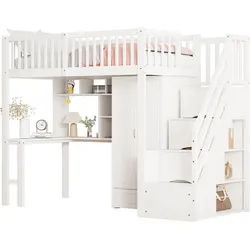 Okwish Hochbett 90/200 cm Weiß mit Kleiderschrank Tisch Stauraum Treppe aus Holz , 90x200 cm , Babymöbel & Kindermöbel, Kinderzimmer & Jugendzimmer, Kinderbetten, Hochbetten