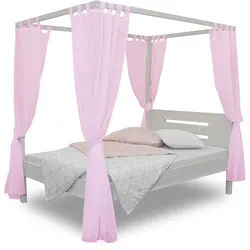 Bubema Jasmin – Himmelbett in Buche massiv, Farbton natur geölt oder weiß lasiert - 140 x 200 cm/Weiß lasiert, Vorhänge: Rosa