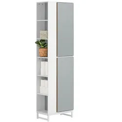 SoBuy Hochschrank Hellgrau , Hellgrau, Weiß , Holzwerkstoff, Metall , 50x181x30 cm , Badezimmer, Badmöbel, Hochschränke