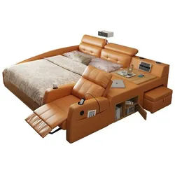 Xlmoebel Multimediabett Beigefarbenes Multifunktionsbett aus Holz im modernen Stil (2-tlg), Made in Europa
